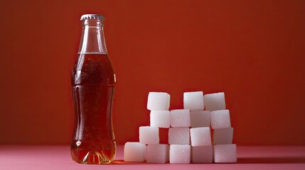 Cold soda bottle glistening beside a stack of sugar cubes representing unhealthy nutrition