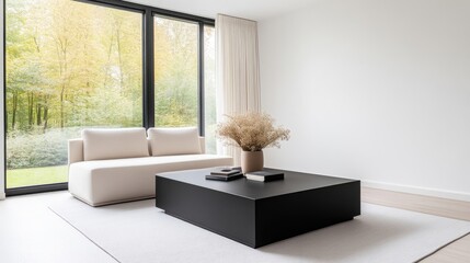 Modern minimalist living room with beige couch, black coffee table, and large windows overlooking a garden