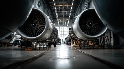 Jet engine overview aircraft hangar photography industrial environment front view high fidelity design