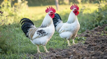 Fototapeta premium Two white roosters with red combs standing on farm ground