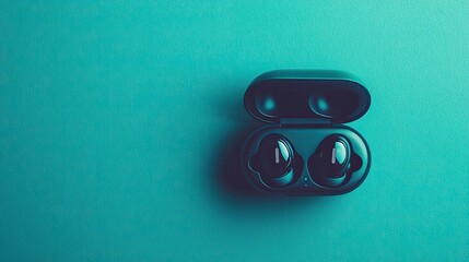 Sleek black wireless earbuds in open charging case on vibrant teal background