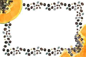 Papaya and seeds watercolor horizontal frame isolated on white. Hand-painted tropical fruit clip art perfect for culinary designs, textile, wrapping paper, prints, cards, packages and menu. Textured