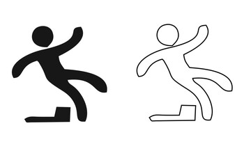 Caution symbols with stick figure man falling. Wet floor, tripping, falling from stairs, ladder, water, edge. Workplace safety and injury vector illustration