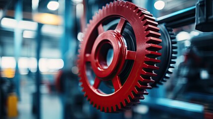 Red gear wheel rotating in a modern industrial factory