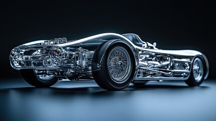 Exposed chassis of a futuristic car revealing its sleek anatomy
