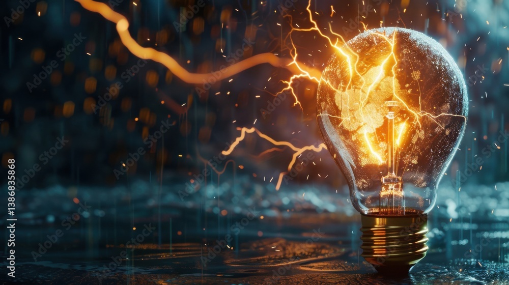 Poster glowing bulb in front of abstract background showing creative idea concept.