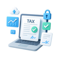 3D laptop tax form submission icon with cloud and lock in PNG transparent background for secure business finance upload illustration.
