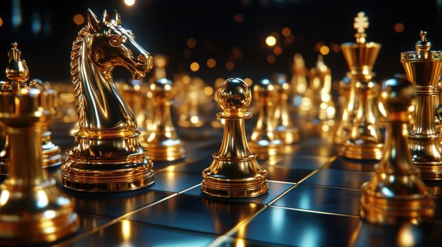 Golden Chess Pieces on a Black Board with Dramatic Lighting Effects