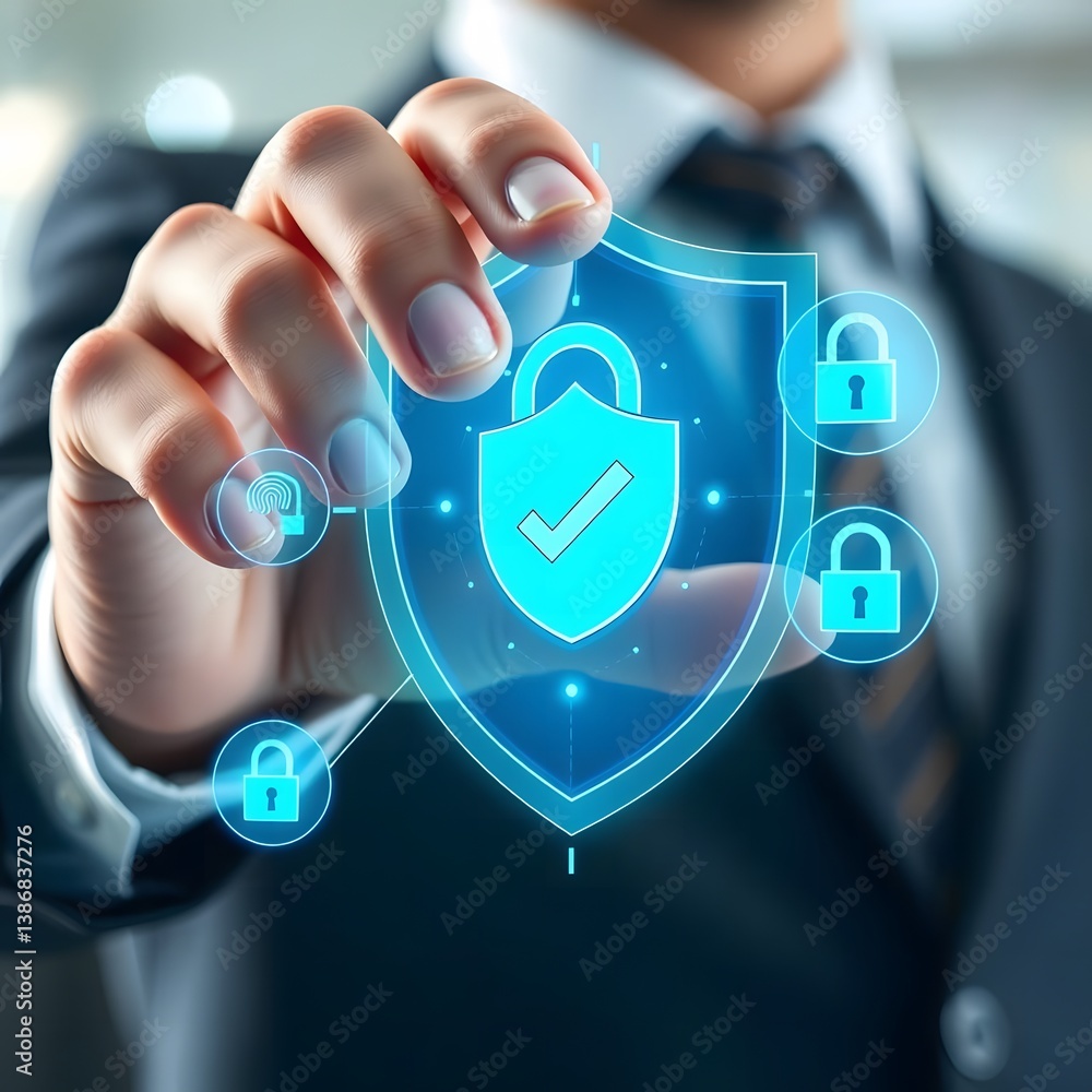 Poster a person s hand interacting with a digital shield representing cybersecurity and data protection fea