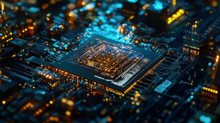 Illuminated motherboard detail showing intricate circuitry and warm light accents