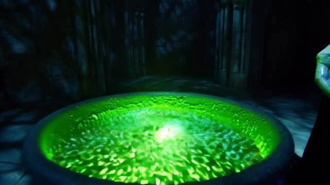 Witch's hand throwing eyeballs into a green cauldron for Halloween potion brewing