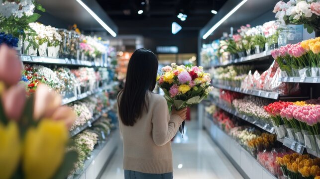 Woman chooses a bouquet of flowers in supermarket fresh floral section