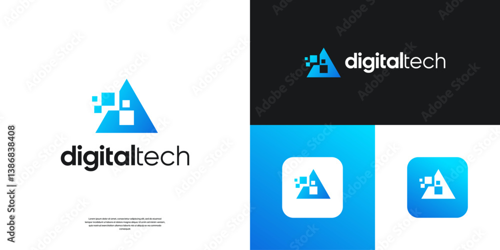 Poster letter a digital logo design template. abstract triangle shape with pixel tech logo vector.