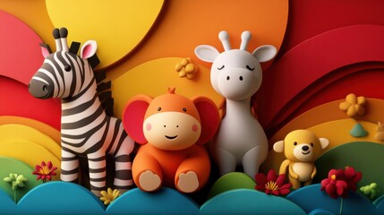 Naklejka premium Happy animals living freely in future sanctuary, colorful and safe environment