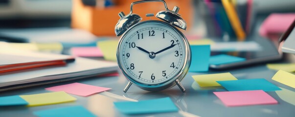 Alarm Clock on Desk Surrounded by Colorful Sticky Notes and Papers