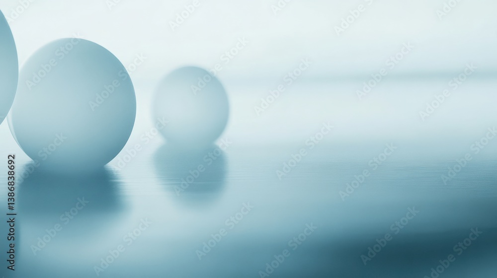 Poster soft and ethereal scene with floating round objects in light blue tones