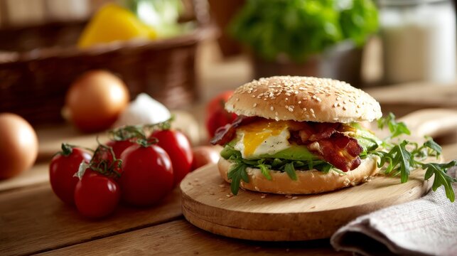 Close-up view captures a gourmet burger layered with fresh avocado, crispy bacon, and melted cheese on a rustic wooden board surrounded by vibrant ingredients - Powered by Adobe