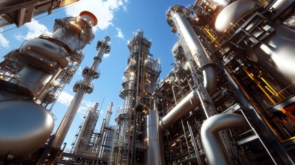 Industrial plant rises, pipes and towers reaching the bright, blue sky. Complex refinery structure