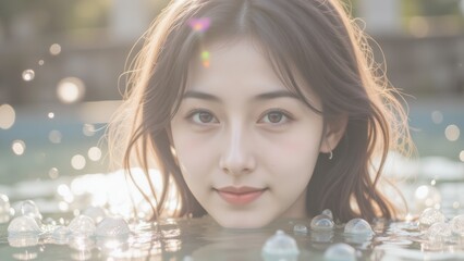 Fototapeta premium Beautiful Asian Woman in Water with Bubbles, Portrait, Serene, Spa, Wellness, Skincare, Beauty, Model, Relaxing, Fresh, Calm