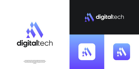 Letter A logo design template. Geometric triangle shape with digital tech symbol logos.