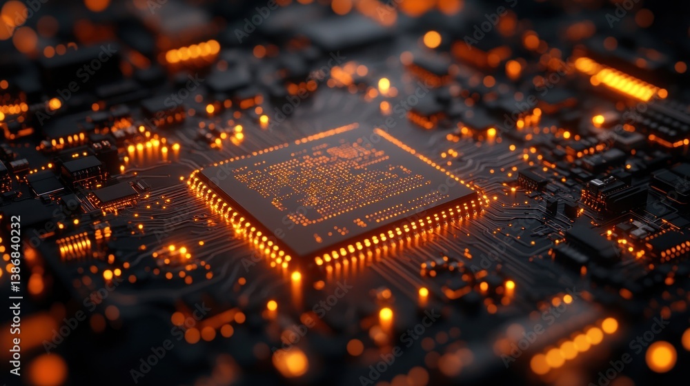 Poster illuminated cpu on circuit board, high tech background