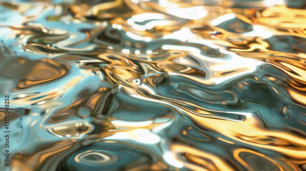 Poster metallic hues shimmering on a liquid-like reflective surface, creating an elegant and dynamic effect