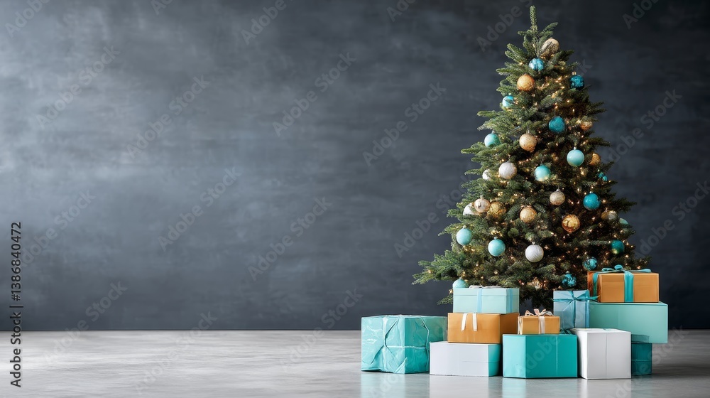 Poster a christmas tree adorned with twinkling lights stands against a soft dark background, with wrapped p