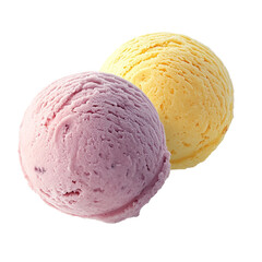 Two scoops of blueberry and mango ice cream floating in air, isolated on white background.