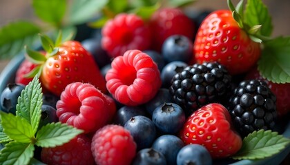 Obraz premium Close-up shot of a variety of fresh berries, including raspberries, blueberries, strawberries, and blackberries, arranged amidst vibrant green leaves