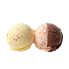 Two scoops of strawberry and vanilla ice cream floating in air, isolated on white background.
