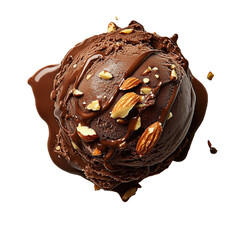 A scoop of caramelized almond chocolate ice cream floating in air, isolated on white background.