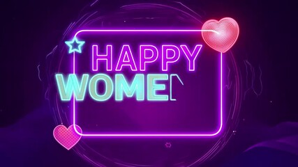 Bright neon Happy Women text glowing with pink hearts on a digital board, representing modern celebration and appreciation for women - Powered by Adobe