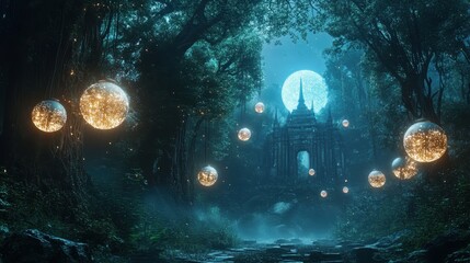Naklejka premium Mysterious forest path illuminated by glowing orbs leading to an ancient temple at dusk