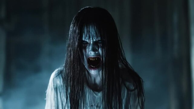 Scary girl with long dark hair and sharp teeth screams in horror setting