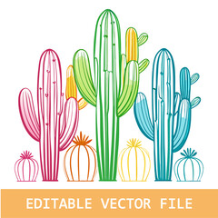 Watercolor painting of a surreal cactus garden, with various species of exotic cacti in vibrant hues,