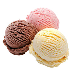Three scoops of various ice cream floating in air, isolated on white background.