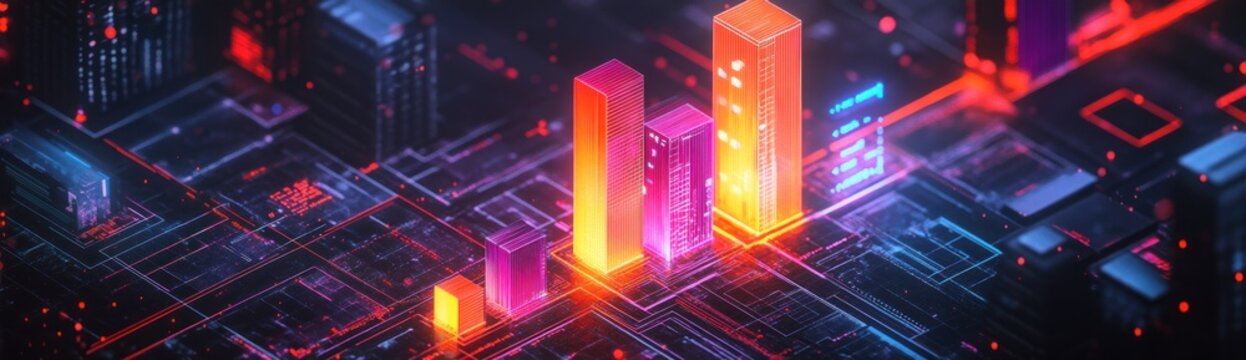 Neon Cityscape on Circuit Board: Digital Metropolis