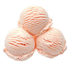 Three scoops of strawberry ice cream floating in air, isolated on white background.