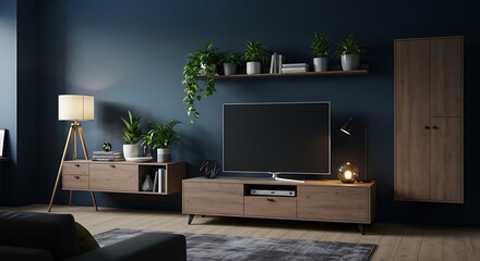 Modern Living Room Entertainment Center: 3D Render of a Stylish Home Setup AI Generated