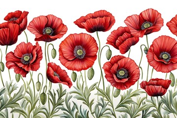 Obraz premium Vibrant Red Poppies With Green Leaves on White Background