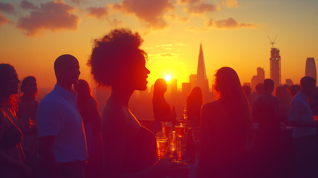 Friends gathered at a rooftop bar in a UK city during sunset, drinks, laughter, glowing skyline, relaxed summer bank holiday celebration