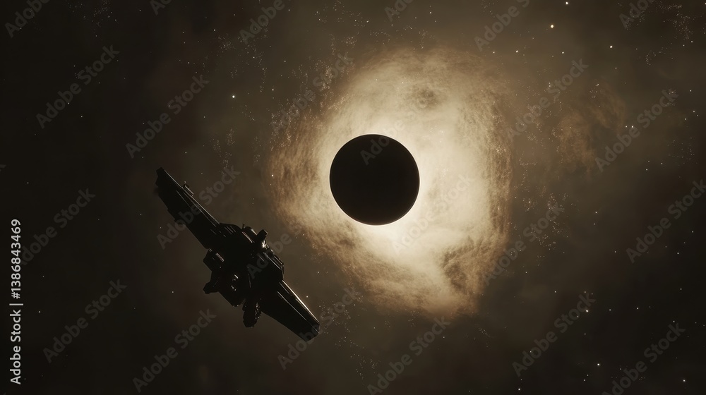 Poster exploring the vastness of space near a mysterious black hole while drifting in the cosmic void