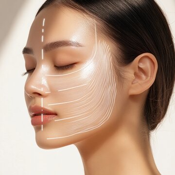Elegant woman demonstrating facial lifting procedure with marked lines