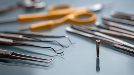 Close-up of a titanium dental implant model with intricate details, set against blurred dental tools and a calming blue gradient background
