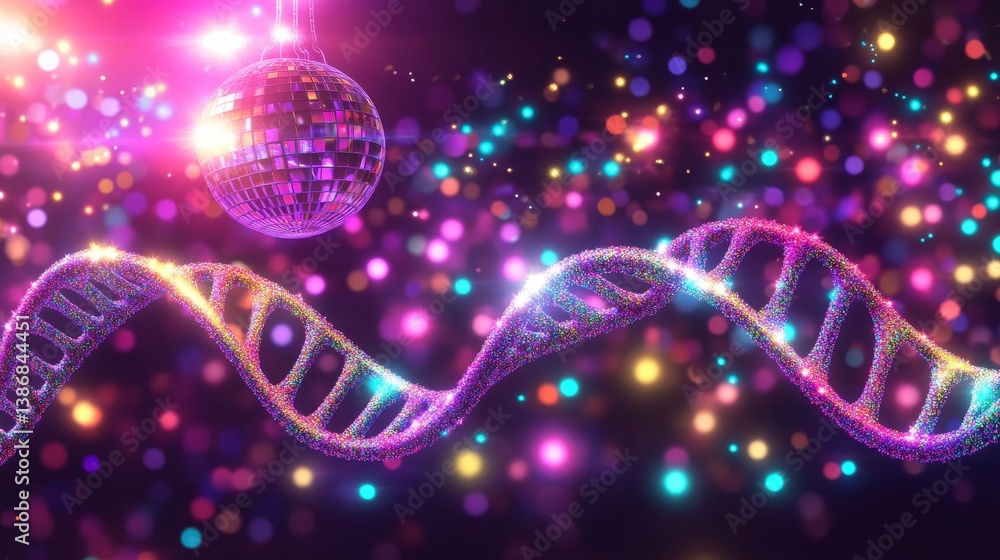 Poster abstract dna helix and sphere with colorful glowing particles in