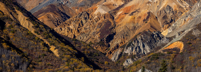 Panoramic view of red sandstone mountain landscape in Alaska