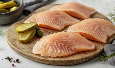 Fresh fish fillets on wooden board, pickles, herbs, healthy meal prep