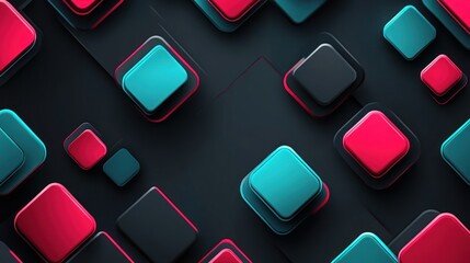 Abstract 3D geometric pattern with teal, pink, and black squares on dark background
