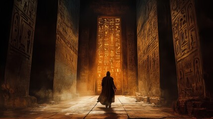 Mysterious temple exploration at night with ancient Egyptian architecture and a colossal statue in the background