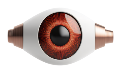 Intriguing artificial eye floats softly against bright white background showing rich brown iris detail.. AI Generated